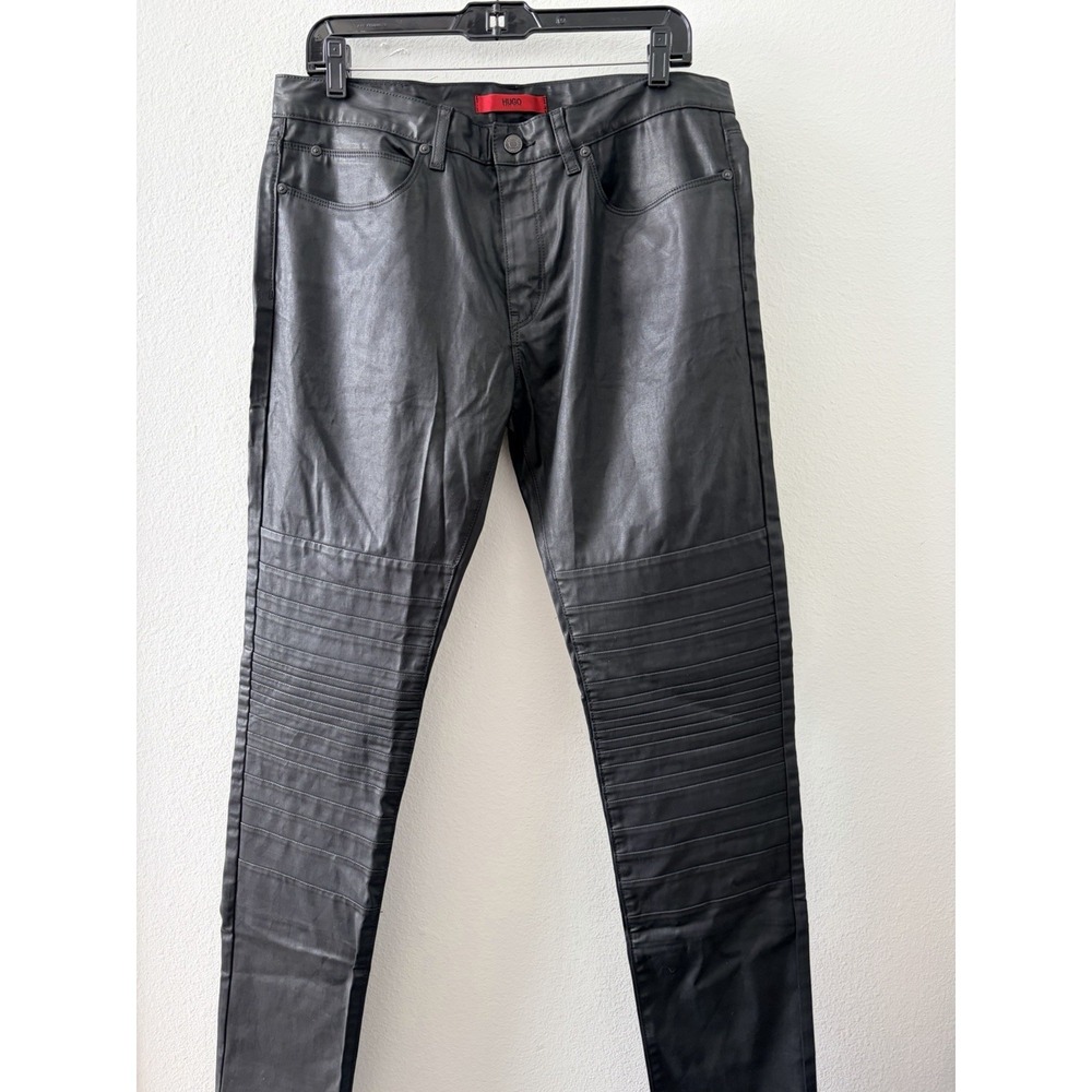 HUGO by Hugo Boss Men's Black Coated Moto Biker Jeans Size 34x34 Ribbed Knee